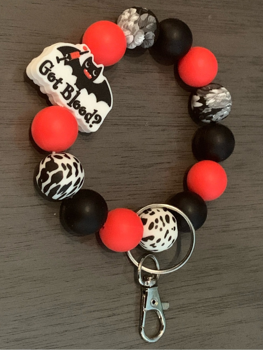 🌸 Got Blood? Black White Red Silicone Beaded Keychain Vampire Bat Bracelet